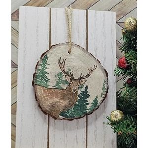 Rustic Deer in Woods Wooden Disk Holly Ornament/Gift Tag, 4 inch